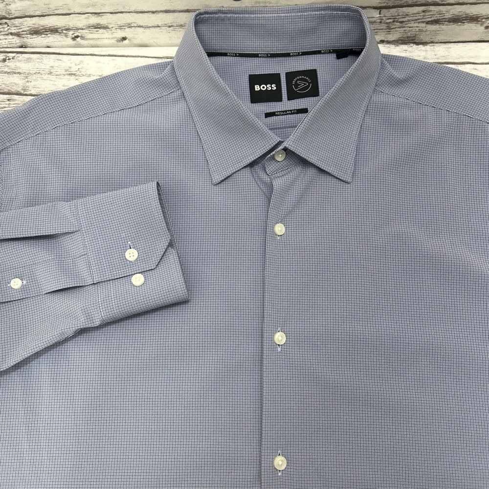 Hugo Boss Dress Shirt Mens 2XL Blue Regular Fit Button Up 18-46 Performance